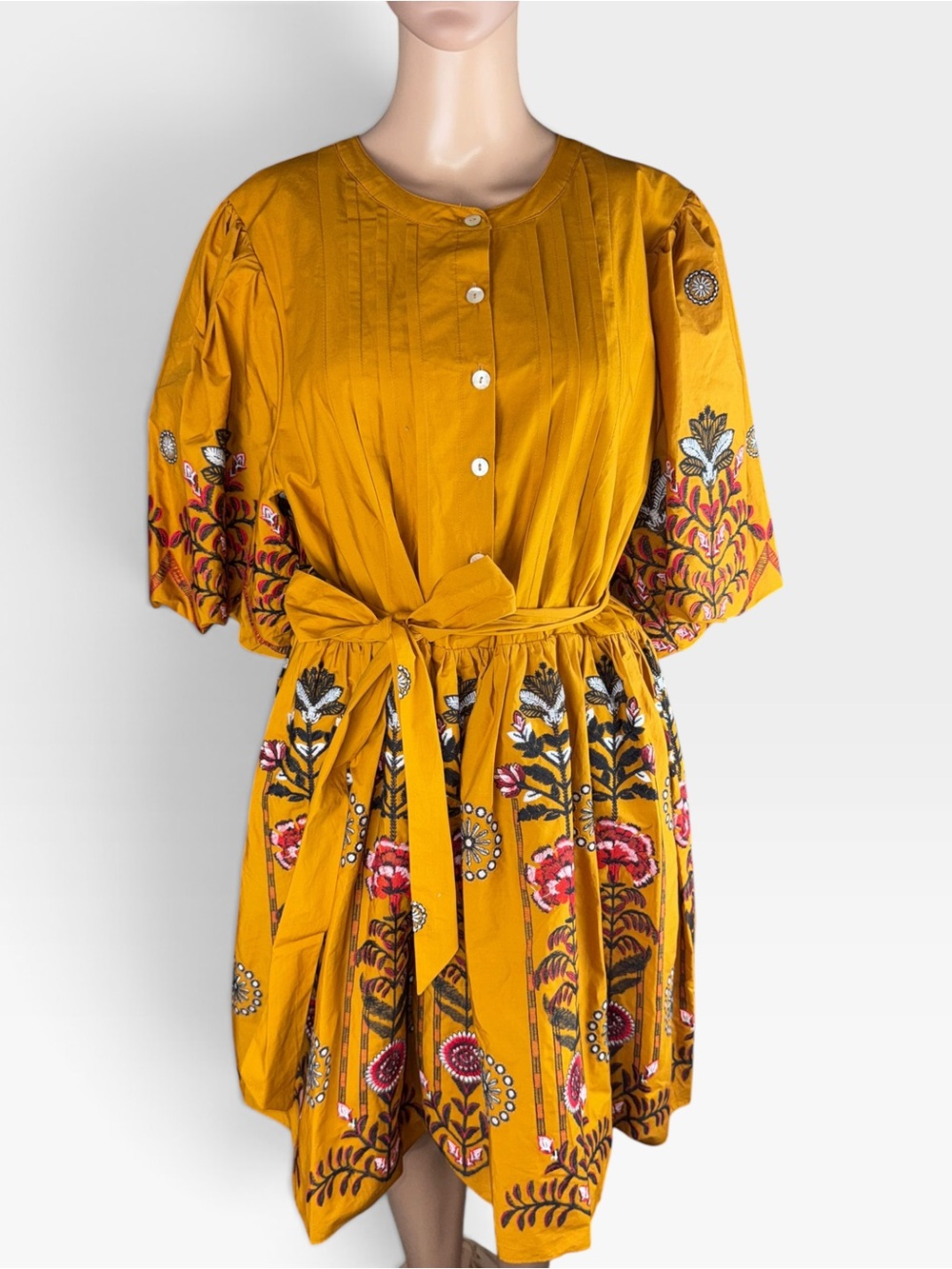 NWT A Loves A Dress XL Embroidered Floral Cotton Mustard Belted $209